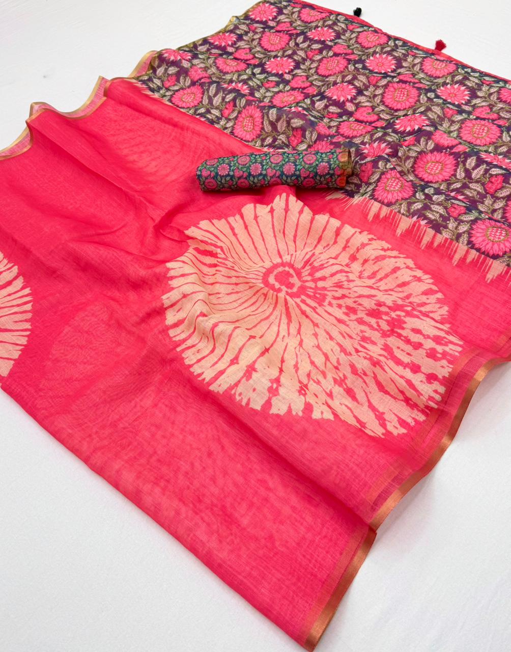 RajYog Lisha Linen Cotton Saree with Zari Border & Tassels - 8 Pcs Set