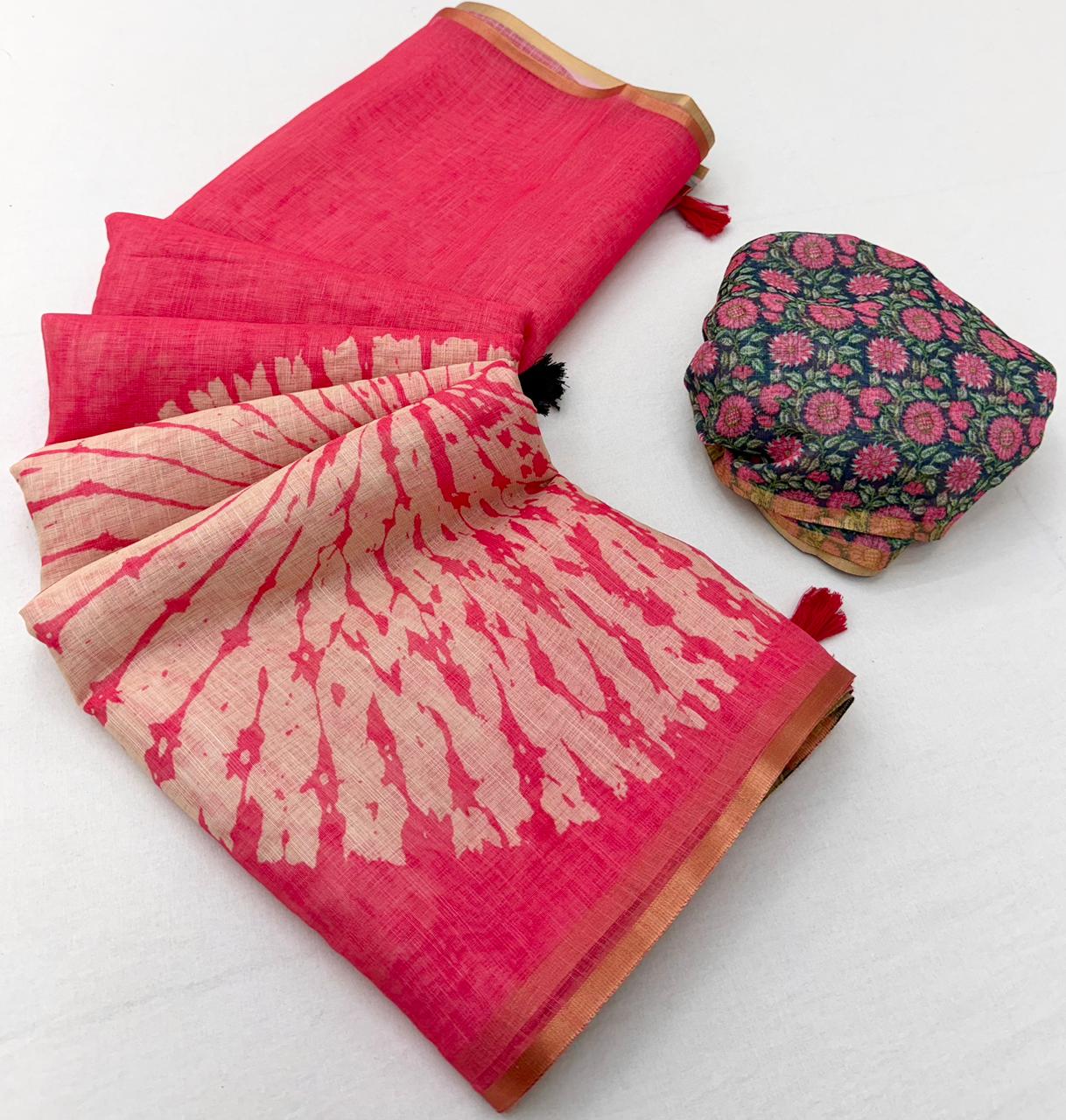 RajYog Lisha Linen Cotton Saree with Zari Border & Tassels - 8 Pcs Set