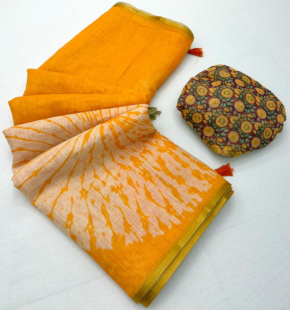 RajYog Lisha Linen Cotton Saree with Zari Border & Tassels - 8 Pcs Set