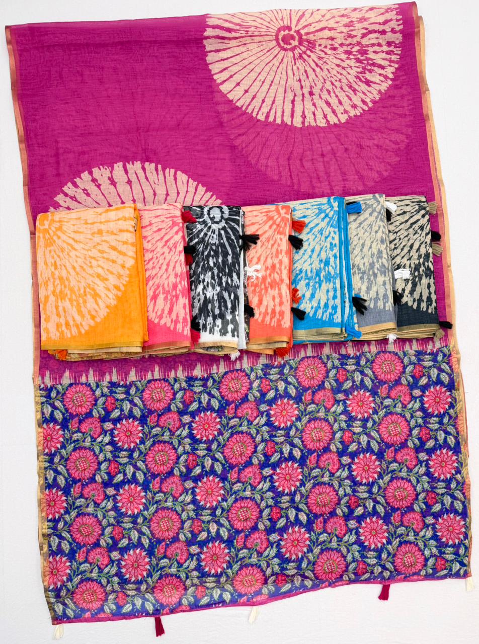 RajYog Lisha Linen Cotton Saree with Zari Border & Tassels - 8 Pcs Set