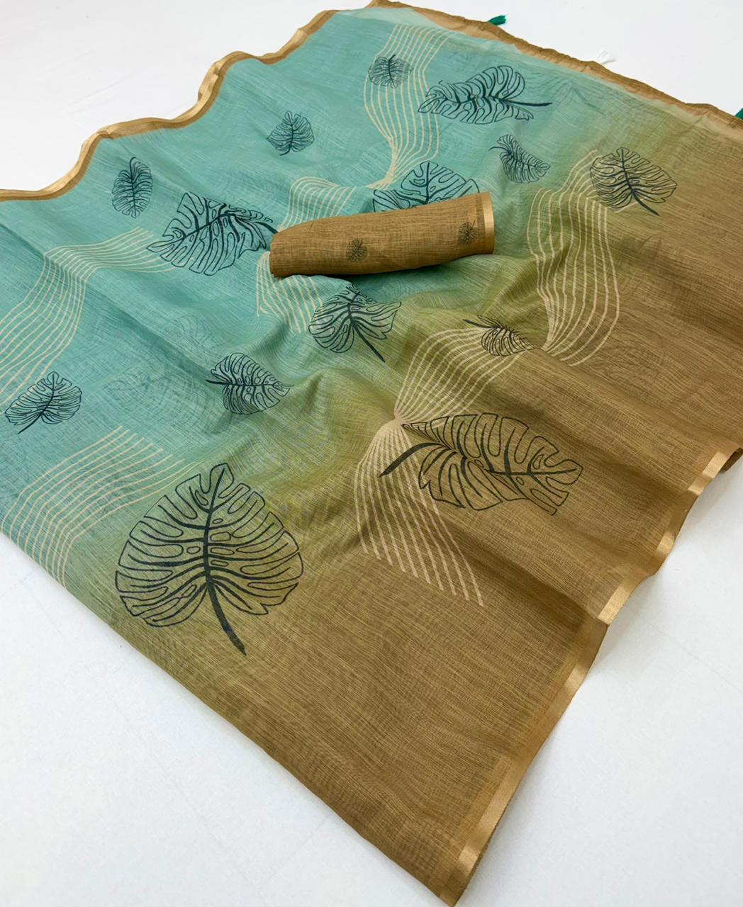RajYog Kazari Series Lisha Soft Cotton Based Linen Saree - Zari Border & Fancy Tassels