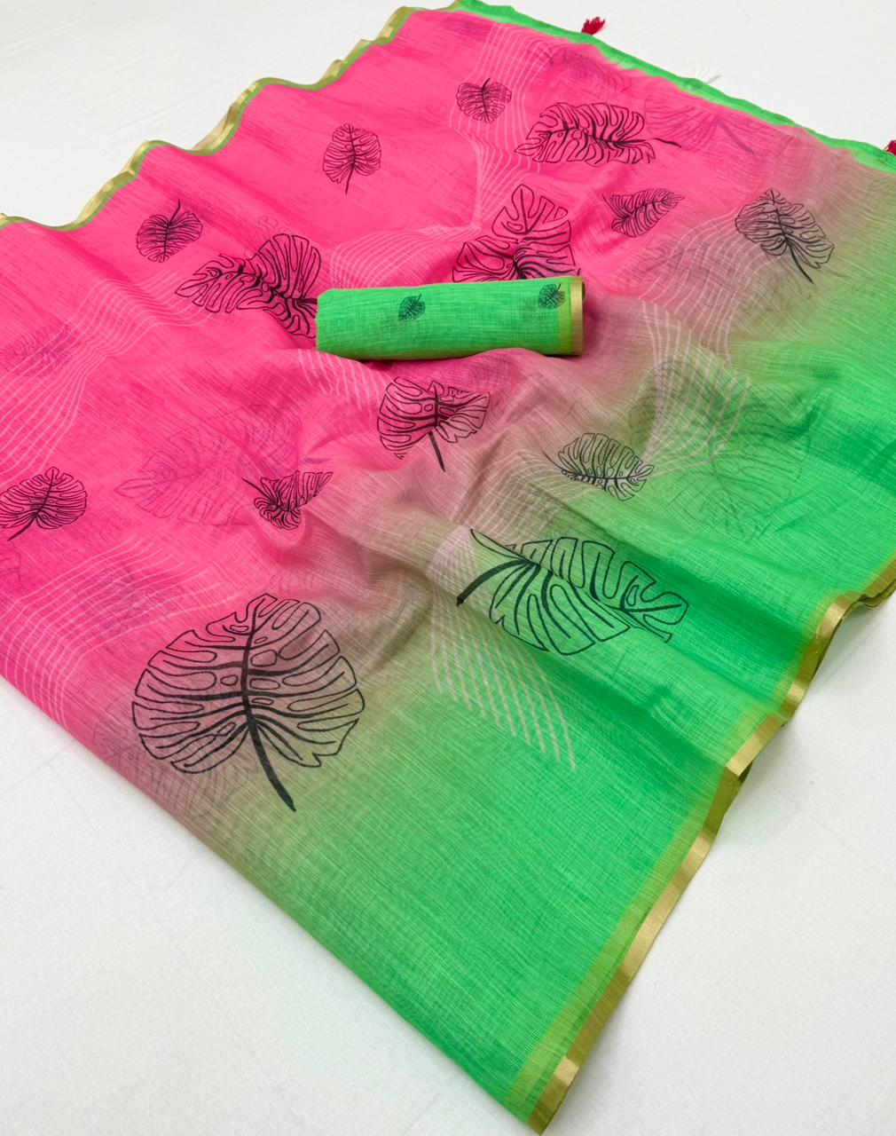 RajYog Kazari Series Lisha Soft Cotton Based Linen Saree - Zari Border & Fancy Tassels