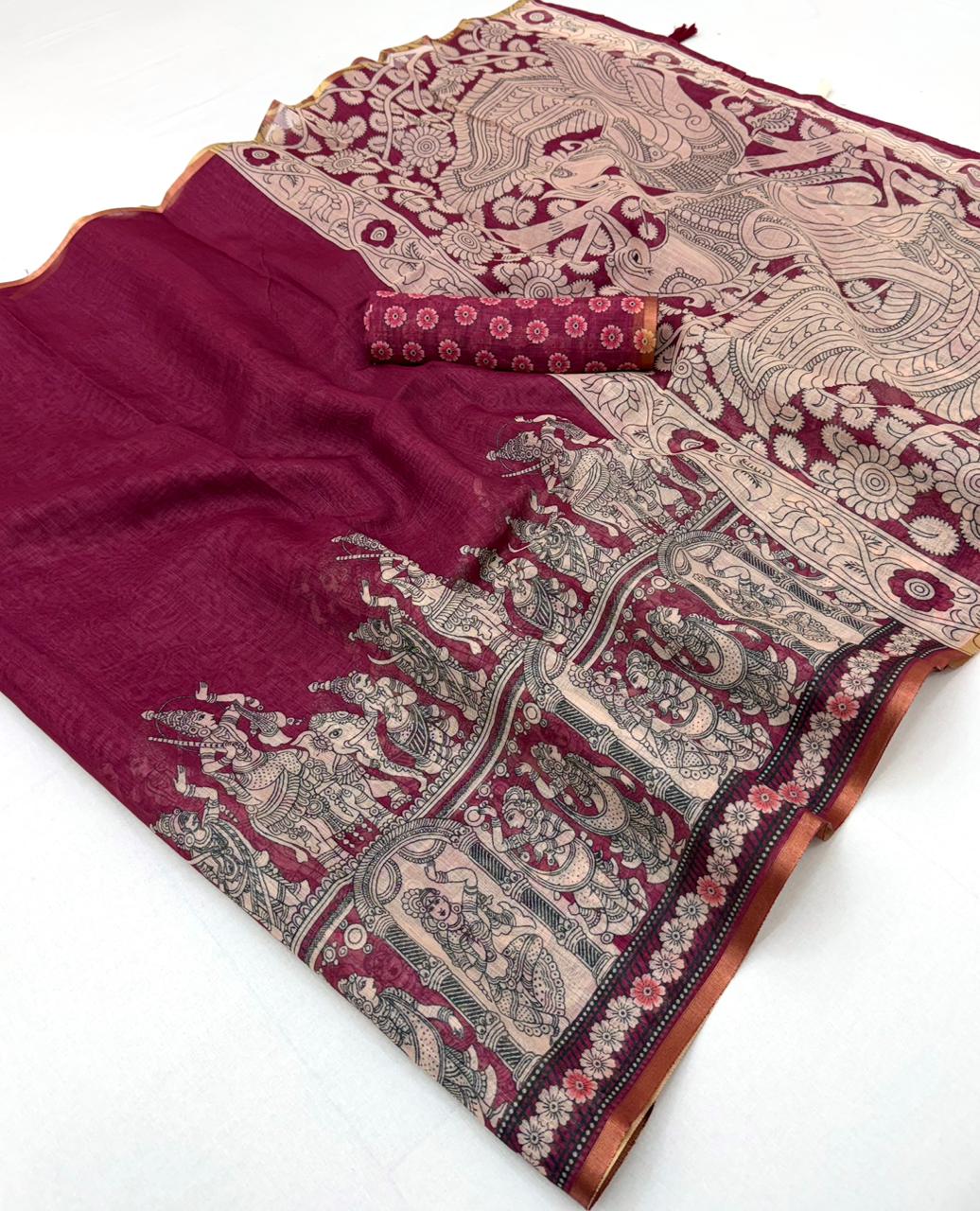 Saree for Women - Lisha Linen Kalamkari Print Zari Border Saree 6 pcs set - M.R. Saree Emporium