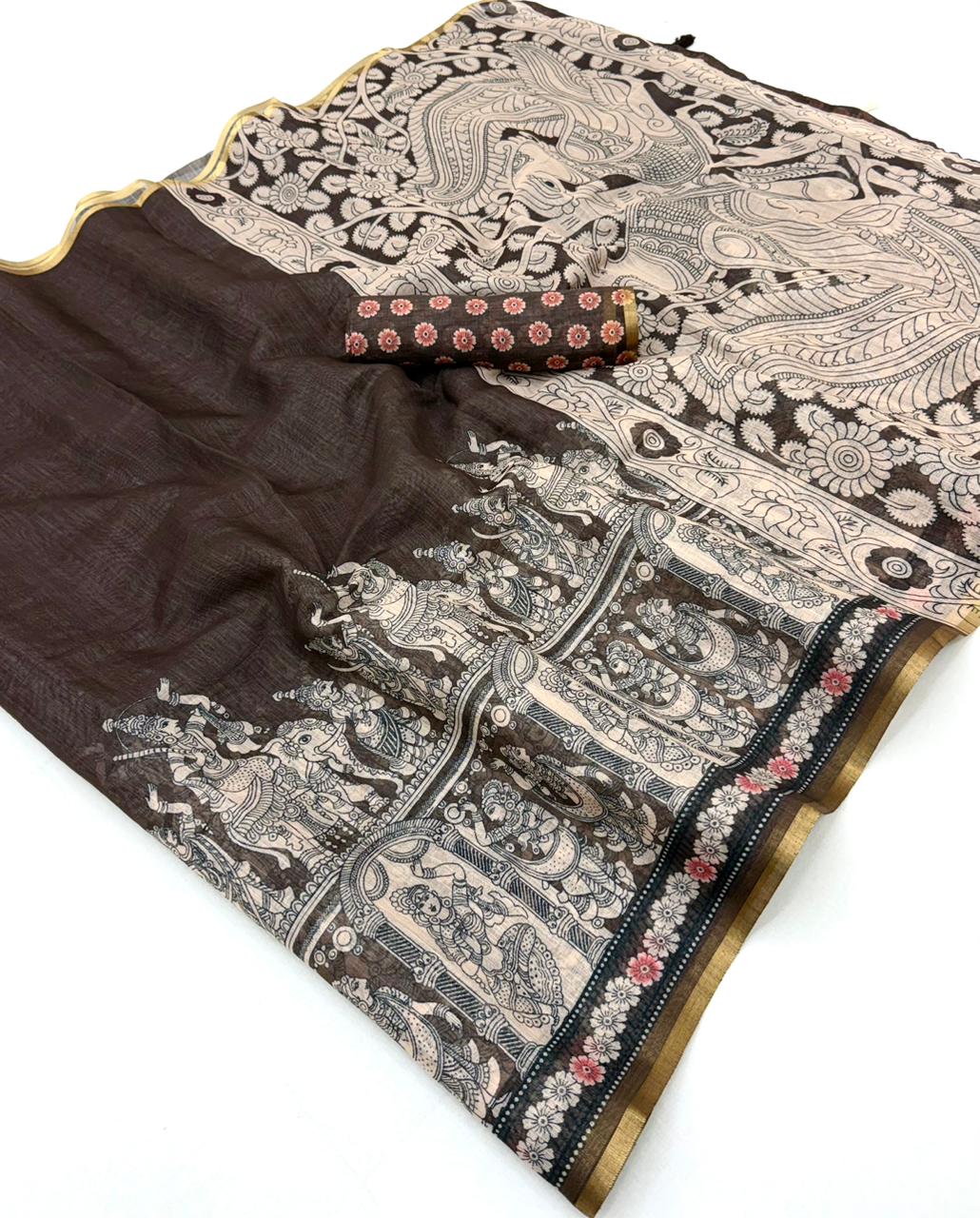 Saree for Women - Lisha Linen Kalamkari Print Zari Border Saree 6 pcs set - M.R. Saree Emporium