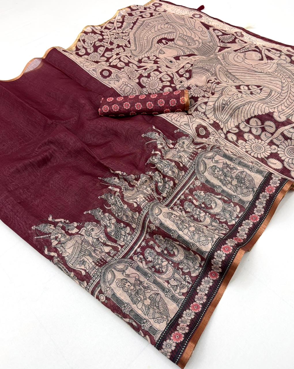 Saree for Women - Lisha Linen Kalamkari Print Zari Border Saree 6 pcs set - M.R. Saree Emporium