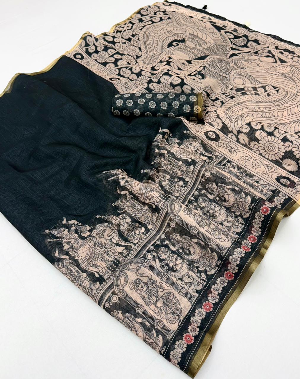 Saree for Women - Lisha Linen Kalamkari Print Zari Border Saree 6 pcs set - M.R. Saree Emporium