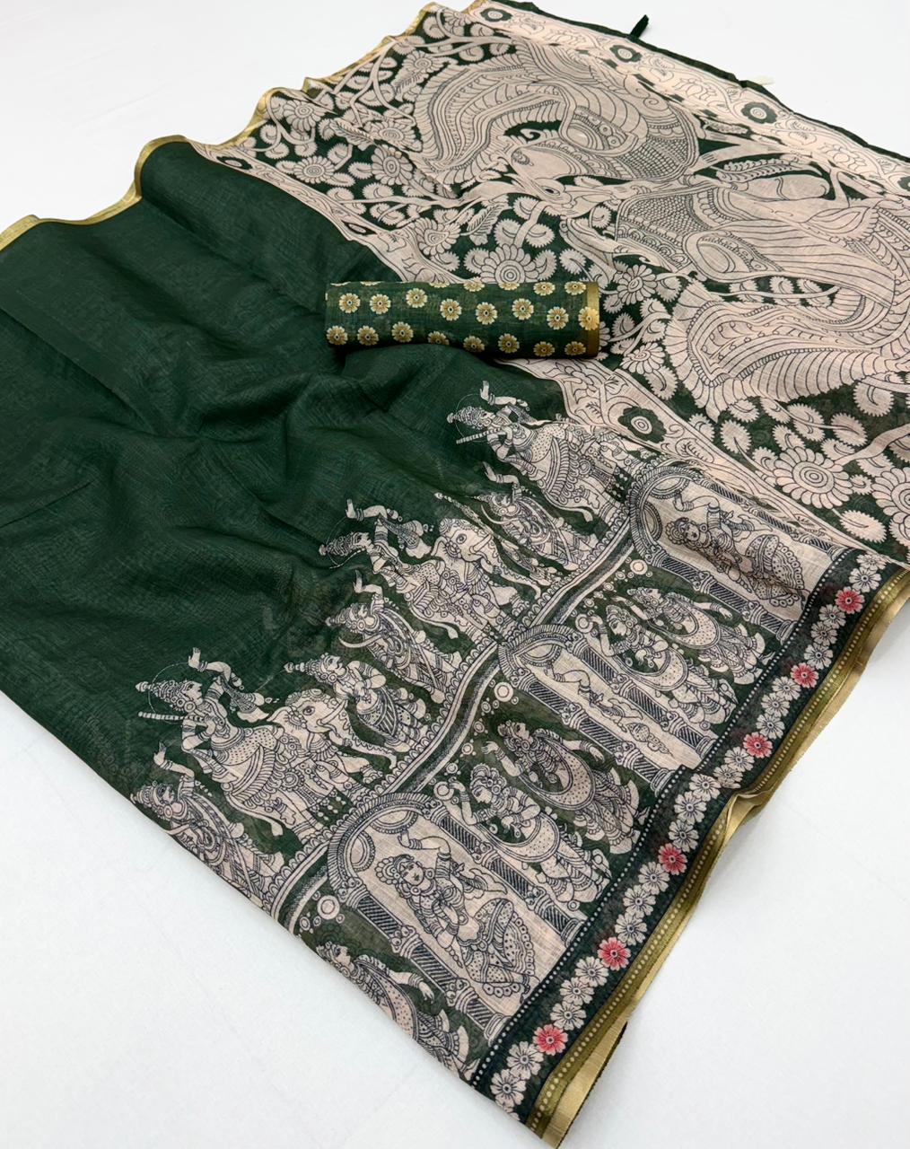 Saree for Women - Lisha Linen Kalamkari Print Zari Border Saree 6 pcs set - M.R. Saree Emporium