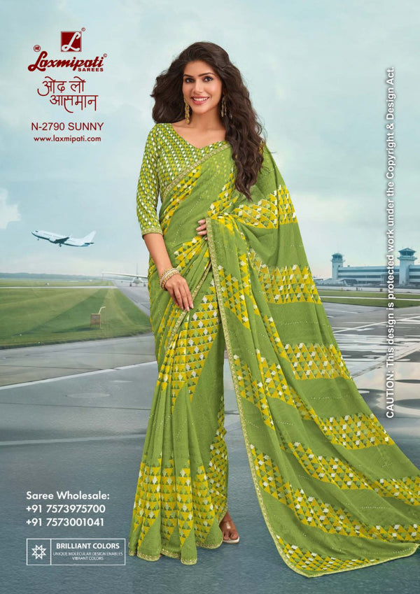 Laxmipati Radhika N-2790 Parrot Green Chiffon Saree | M.R. Saree Emporium