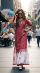 Women's Maslin Kurta Palazzo Set - Embroidered Casual & Festive Wear 3 Pcs Set