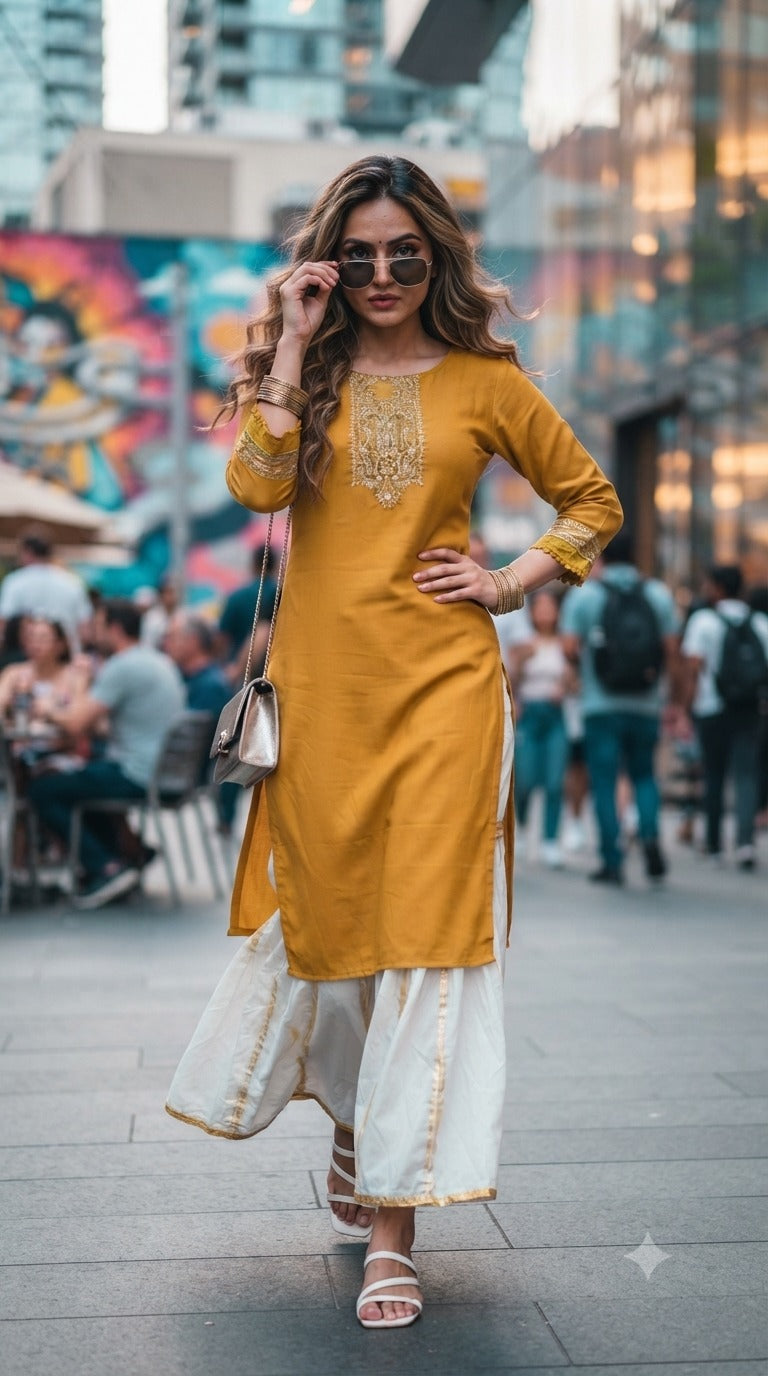 Women's Maslin Kurta Palazzo Set - Embroidered Casual & Festive Wear 3 Pcs Set