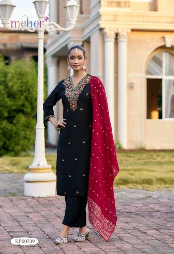 Mehnaz Vertican Butti Straight Cut 3 Pcs Kurti Set (Kurti + Pant + Dupatta) -M.R. Saree Emporium