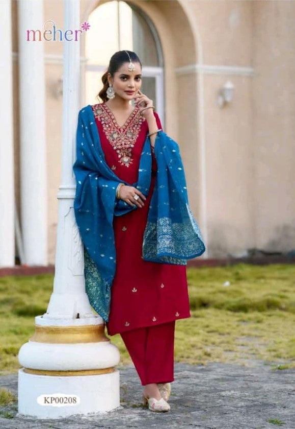 Mehnaz Vertican Butti Straight Cut 3 Pcs Kurti Set (Kurti + Pant + Dupatta) -M.R. Saree Emporium