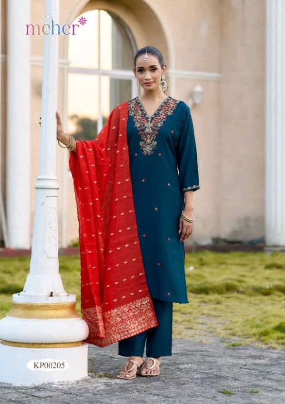 Mehnaz Vertican Butti Straight Cut 3 Pcs Kurti Set (Kurti + Pant + Dupatta) -M.R. Saree Emporium