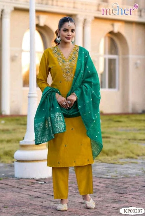 Mehnaz Vertican Butti Straight Cut 3 Pcs Kurti Set (Kurti + Pant + Dupatta) -M.R. Saree Emporium