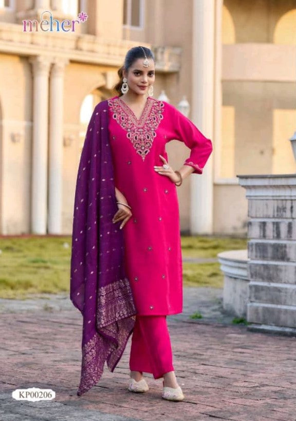 Mehnaz Vertican Butti Straight Cut 3 Pcs Kurti Set (Kurti + Pant + Dupatta) -M.R. Saree Emporium