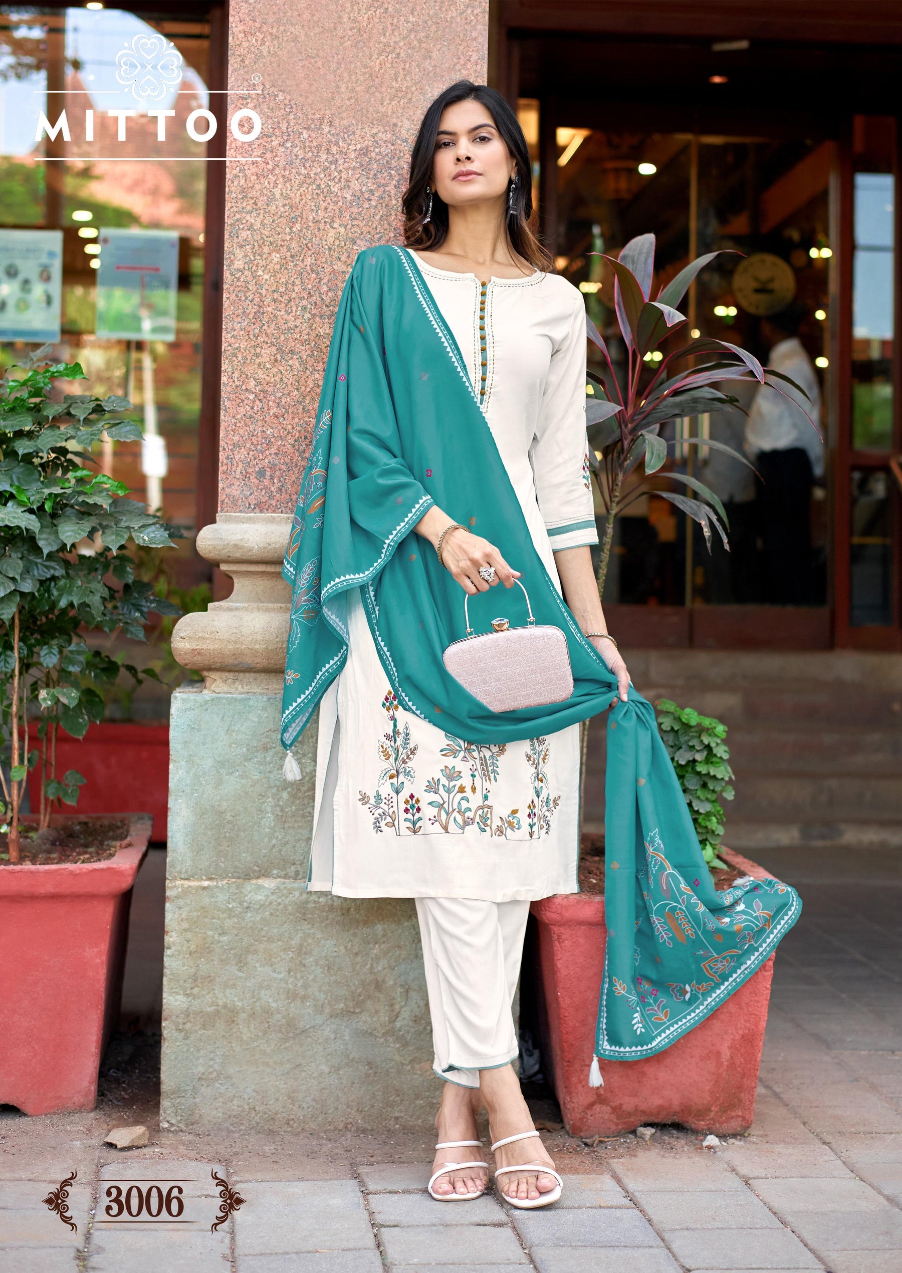 Mittoo Kalamay Heavy Rayon Suit Set with Muslin Printed Dupatta – Thread & Handwork -6 Pcs Set-M.R. Saree Emporium