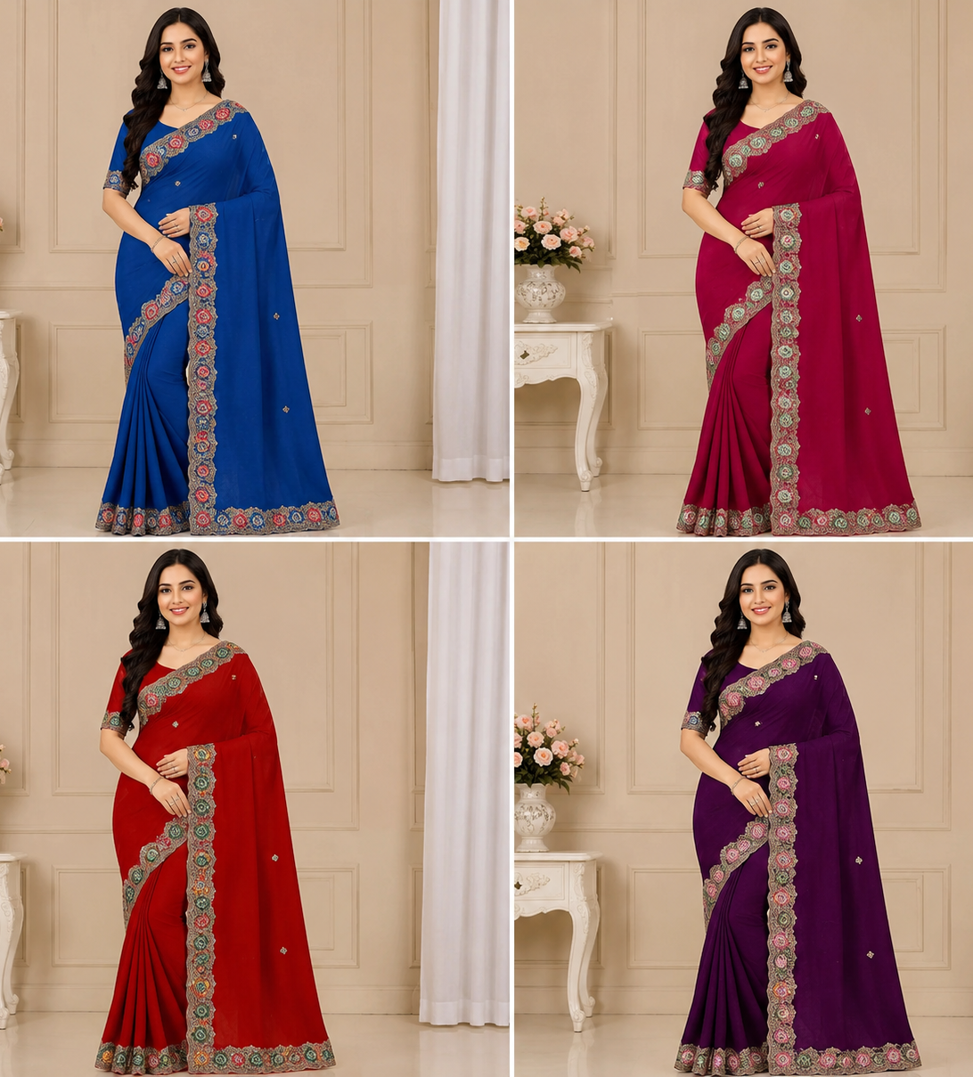 Fancy Satin Saree Set with Designer Embroidered Border (5 Colors) Party Wear Elegant Collection - M.R. Saree Emporium