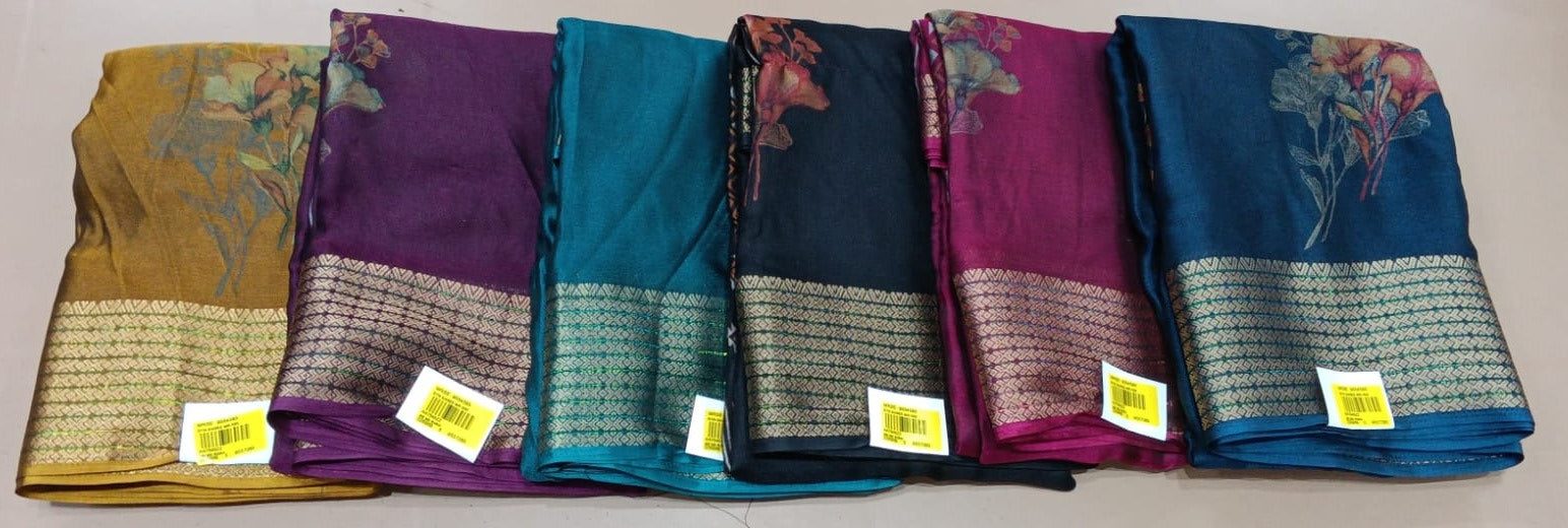 Moss Chiffon -01 Fancy Print Saree – Floral Jacquard Border -M.R.Saree emporium