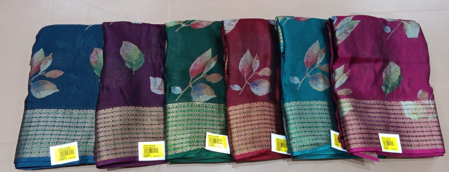 Moss Chiffon Fancy Print Saree – Floral Jacquard Border -M.R.Saree emporium