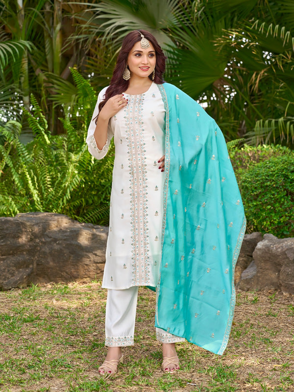Jagvi 3-Piece Straight Set – Roman Silk Top & Bottom with Fancy Dupatta