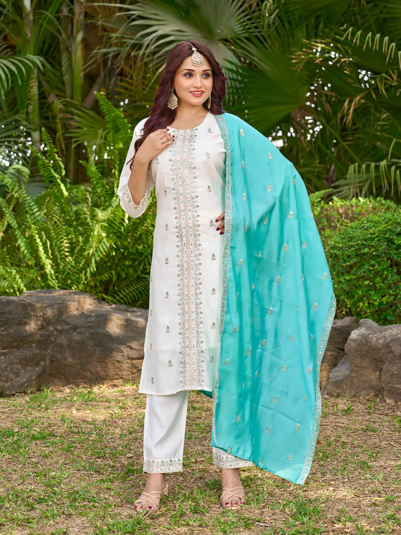 Jagvi 3-Piece Straight Set – Roman Silk Top & Bottom with Fancy Dupatta