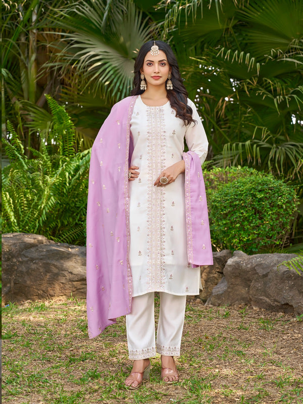 Jagvi 3-Piece Straight Set – Roman Silk Top & Bottom with Fancy Dupatta