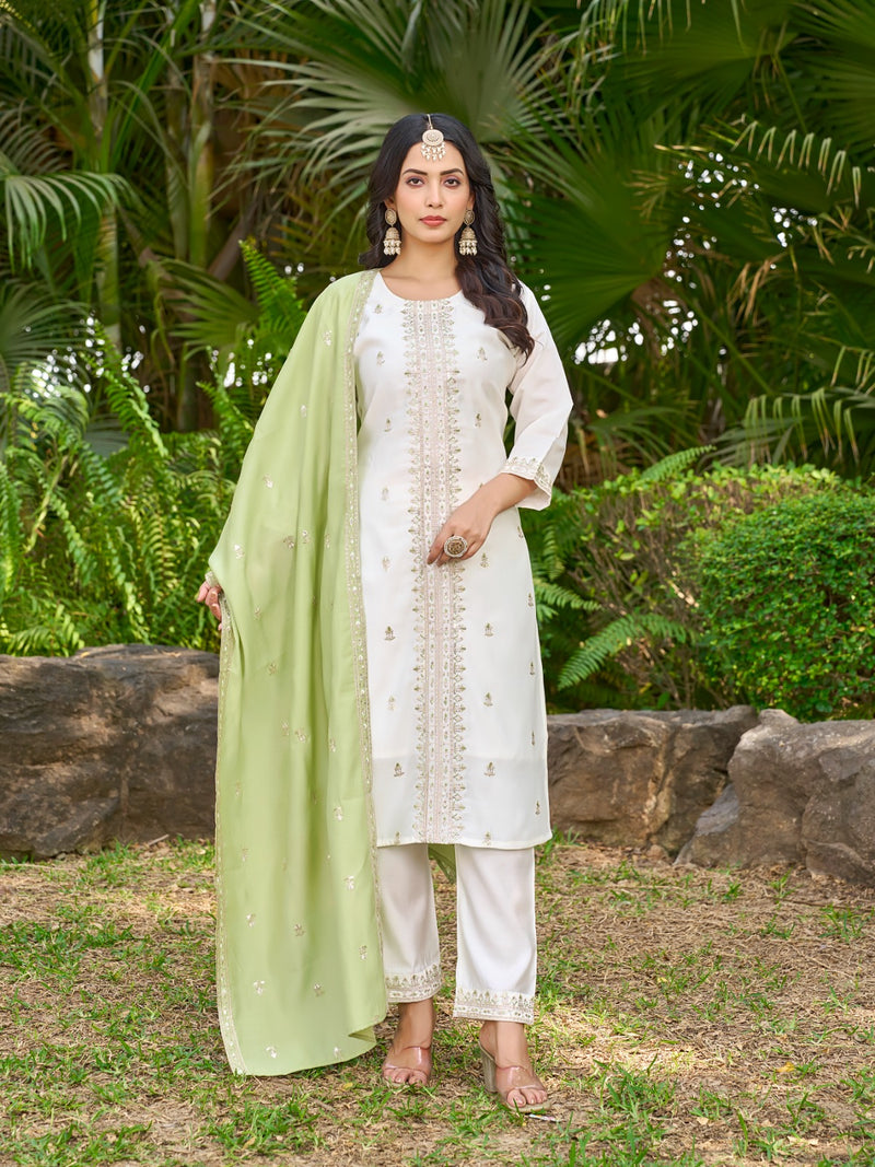 Jagvi 3-Piece Straight Set – Roman Silk Top & Bottom with Fancy Dupatta