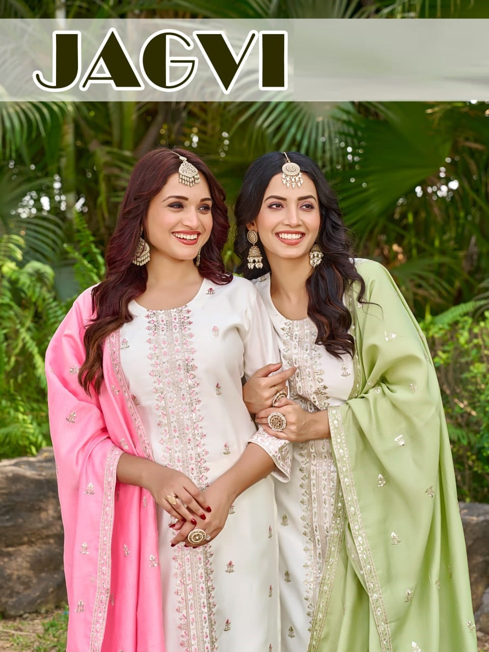 Jagvi 3-Piece Straight Set – Roman Silk Top & Bottom with Fancy Dupatta