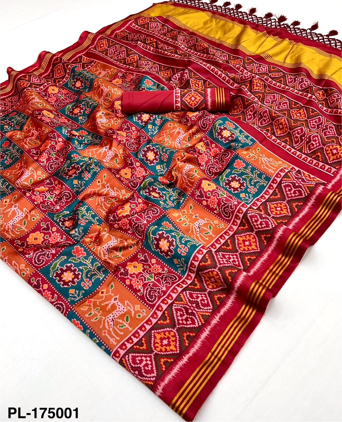 Patan Patola 4 PCS Set – Handloom Silk with Lagadi Patta & Zari Border-M.R.Saree Emporium