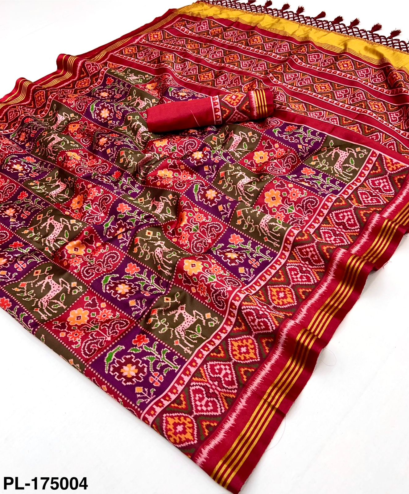 Patan Patola 4 PCS Set – Handloom Silk with Lagadi Patta & Zari Border-M.R.Saree Emporium