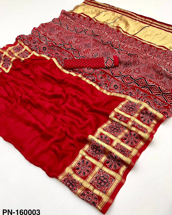 Elegant Red Raj Yog Pure Gajji Saree with fancy prints & Lagadi Patta border. Premium quality – Single Pcs Saree at M.R. Saree Emporium. (Copy)