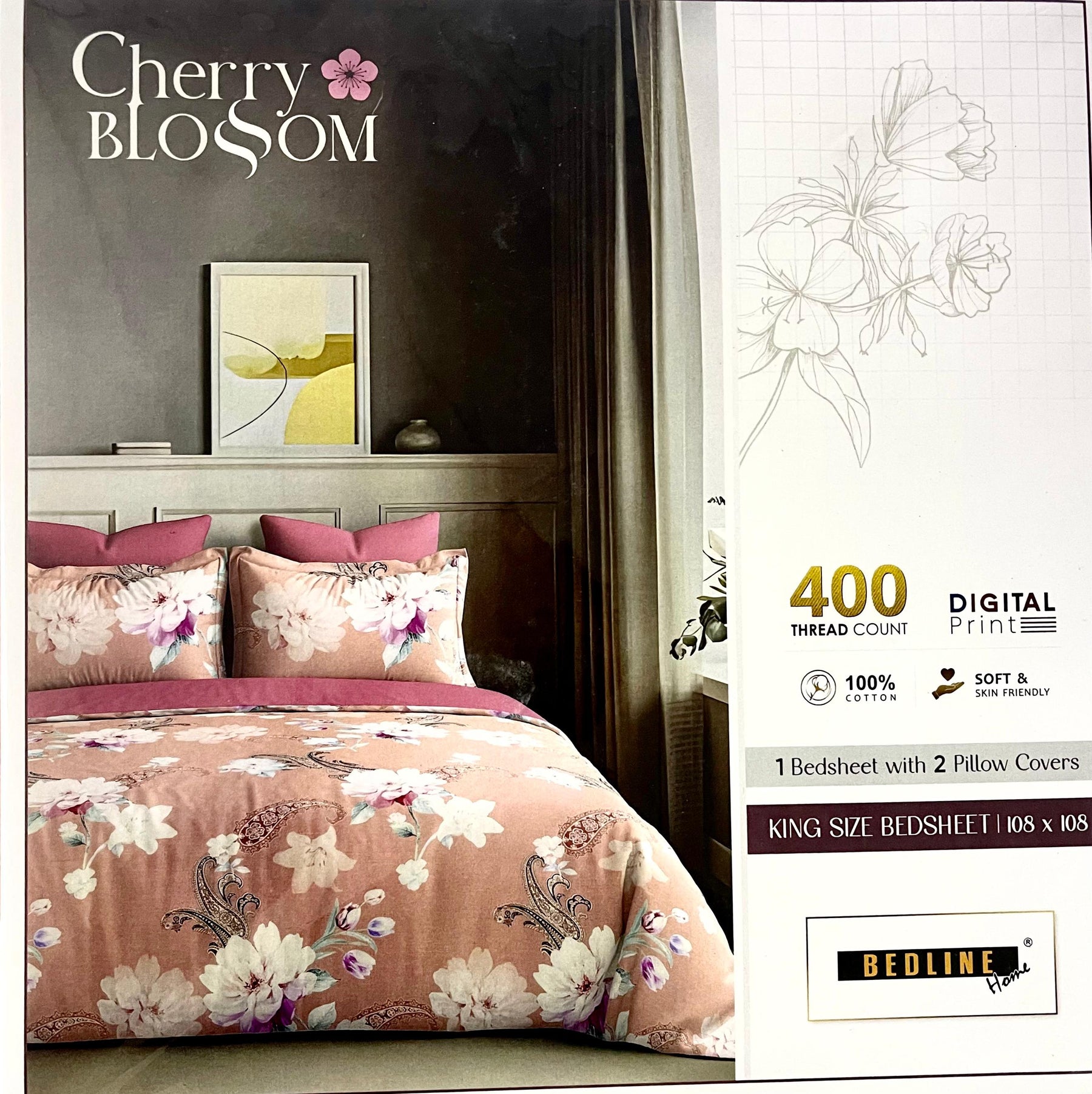 Cherry Blossom 100% Cotton King Size Bedsheet with 2 Pillow Covers – M.R. Saree Emporium