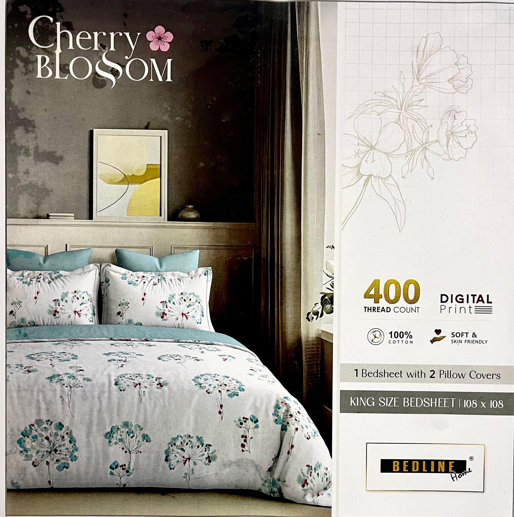 Cherry Blossom 100% Cotton King Size Bedsheet with 2 Pillow Covers – M.R. Saree Emporium