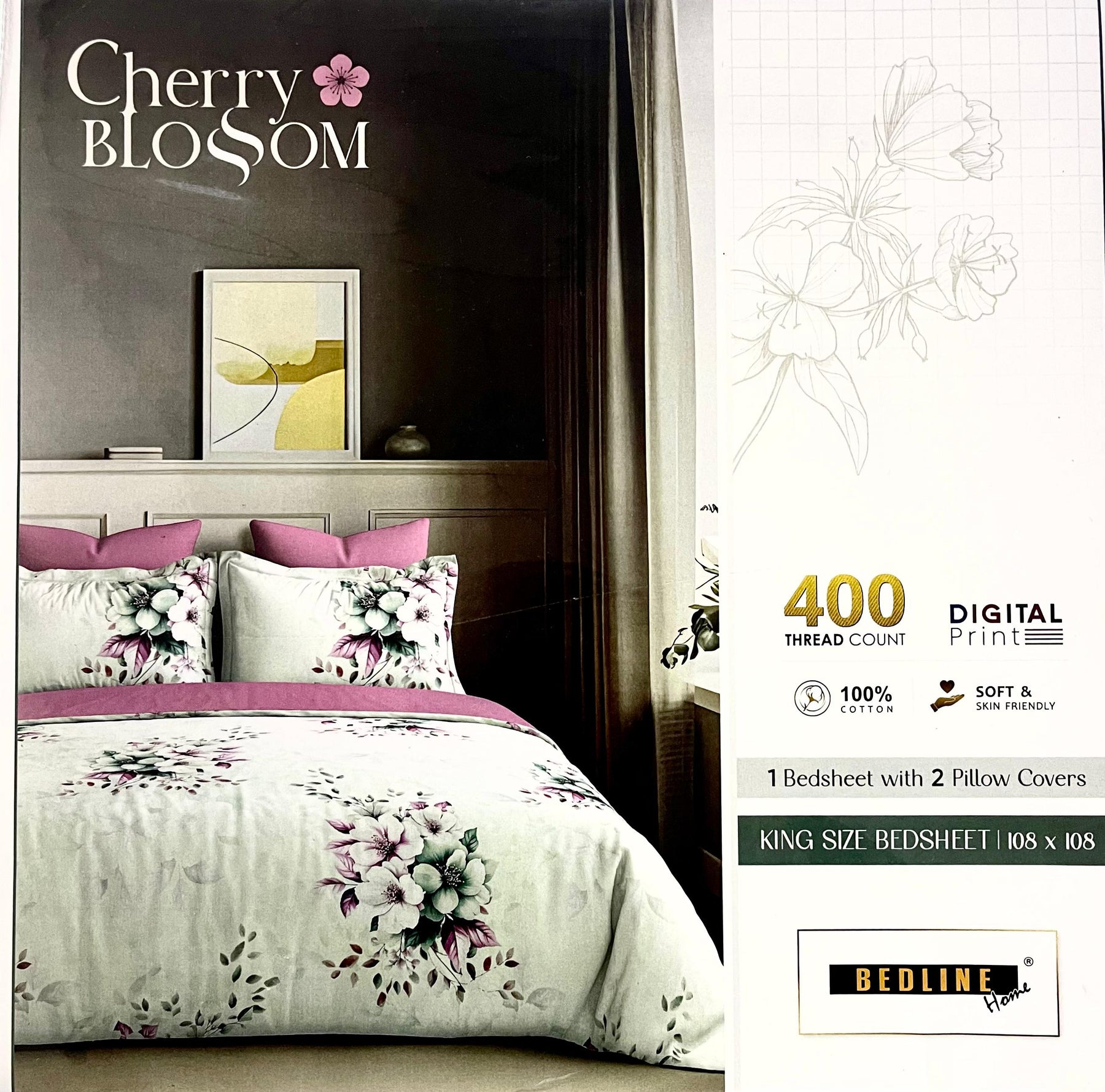 Cherry Blossom 100% Cotton King Size Bedsheet with 2 Pillow Covers – M.R. Saree Emporium