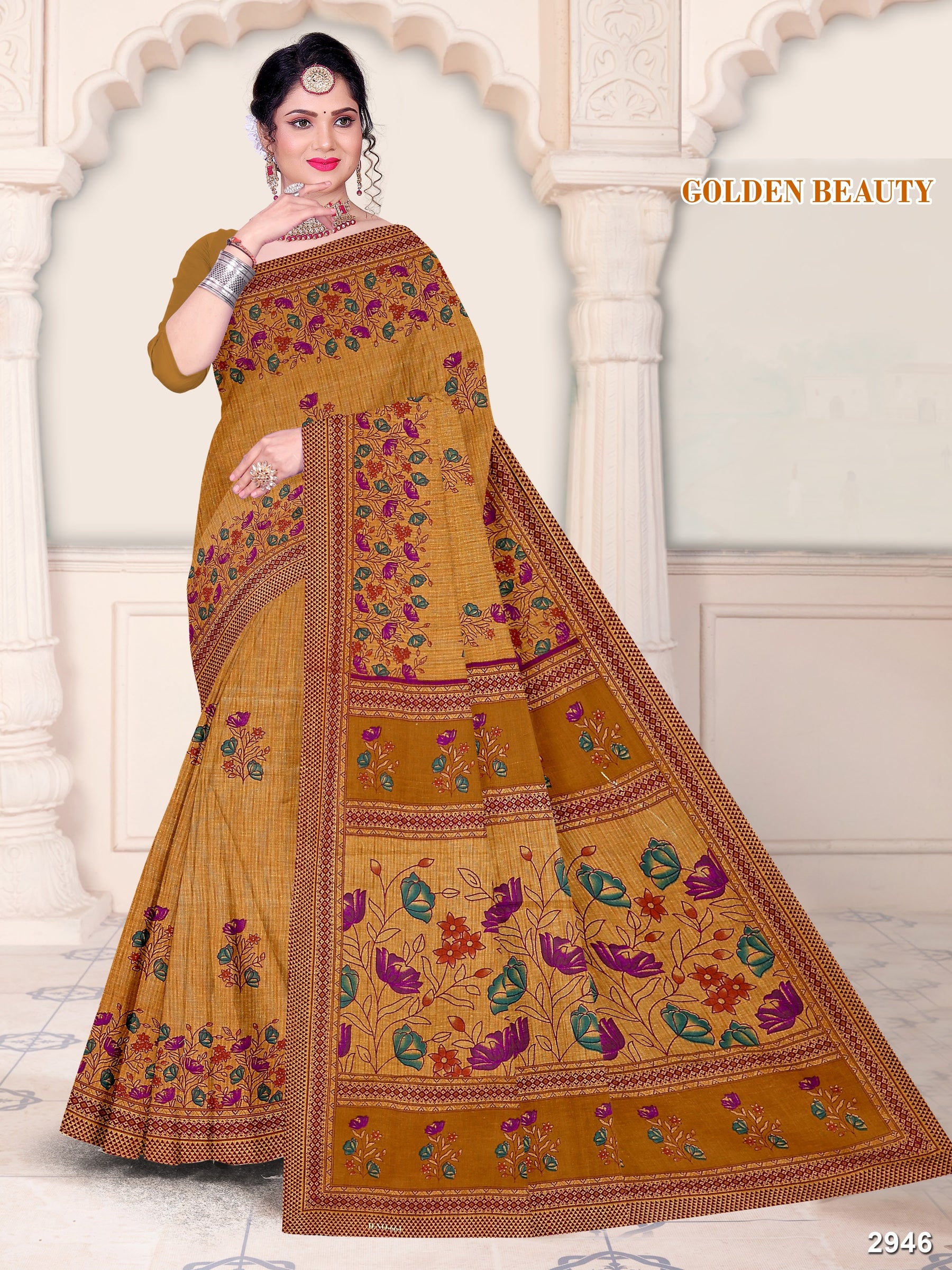 Golden Beauty Pure Cotton Printed Saree – Traditional Wear M.R. Saree Emporium
