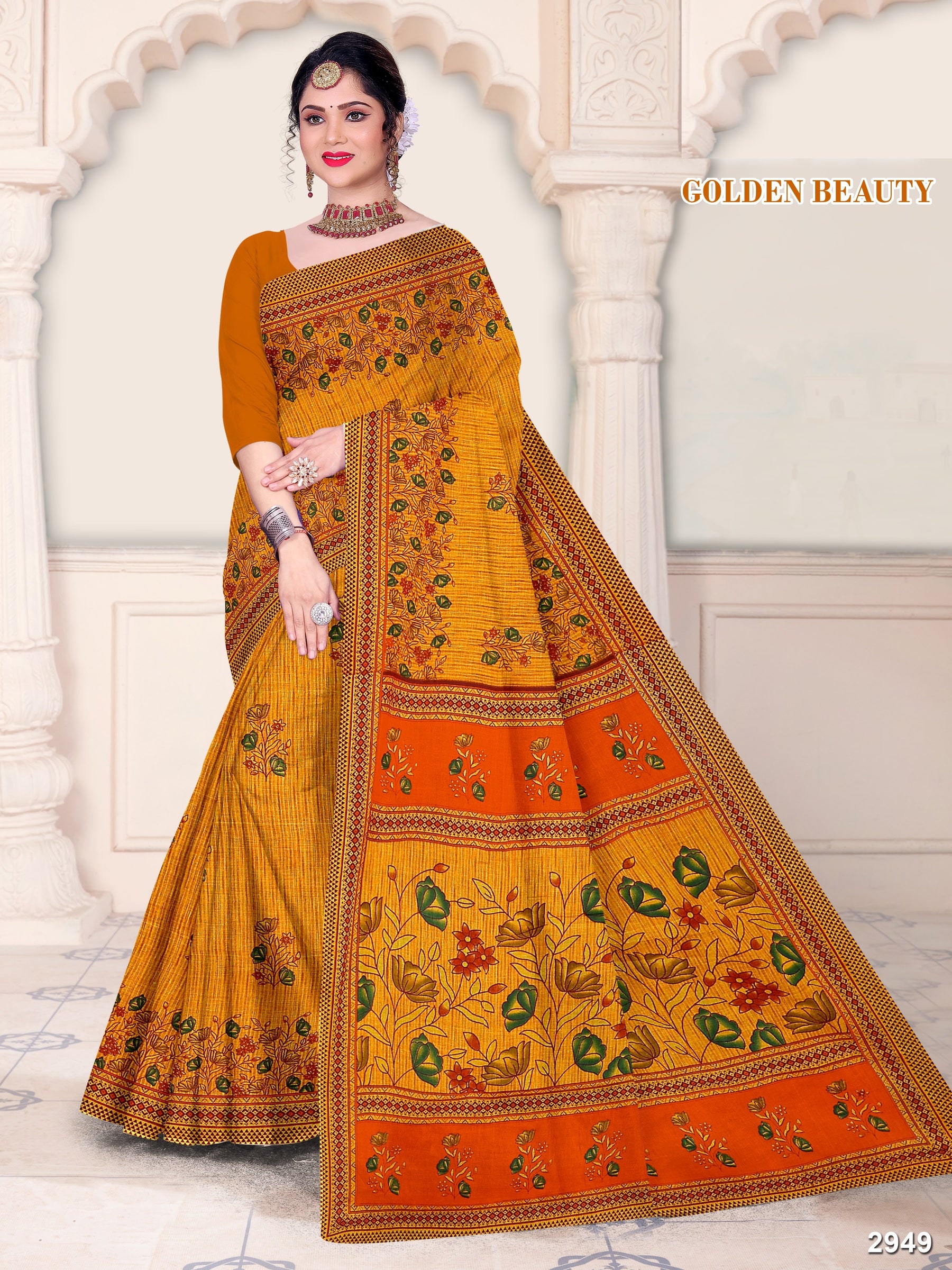 Golden Beauty Pure Cotton Printed Saree – Traditional Wear M.R. Saree Emporium