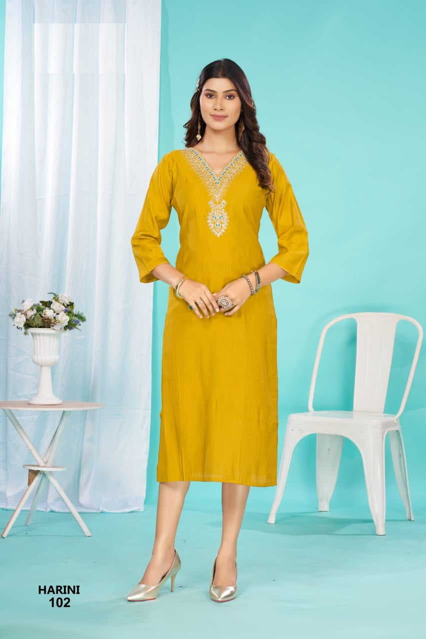 HARINI – Flared Long Straight Kurti with Embroidery Yoke | Barlin Fabric | Ethnic & Festive – M.R. Saree Emporium