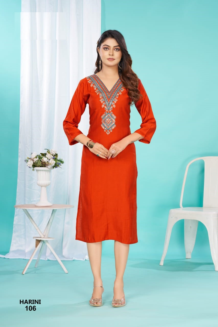 HARINI – Flared Long Straight Kurti with Embroidery Yoke | Barlin Fabric | Ethnic & Festive – M.R. Saree Emporium