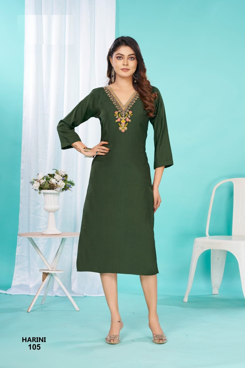 HARINI – Flared Long Straight Kurti with Embroidery Yoke | Barlin Fabric | Ethnic & Festive – M.R. Saree Emporium