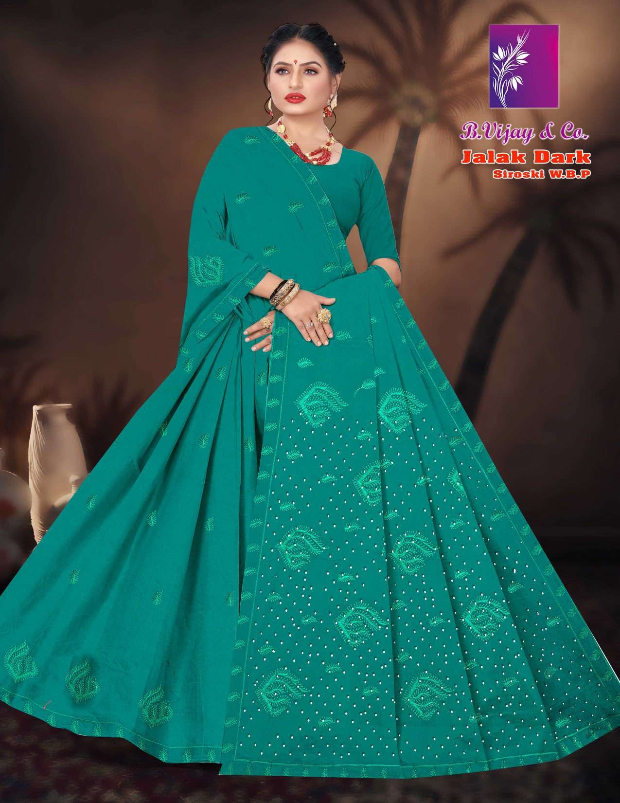 B. Vijay Jalak Dark Soraski Work Cotton Saree Set of 8 M.R. Saree Emporium