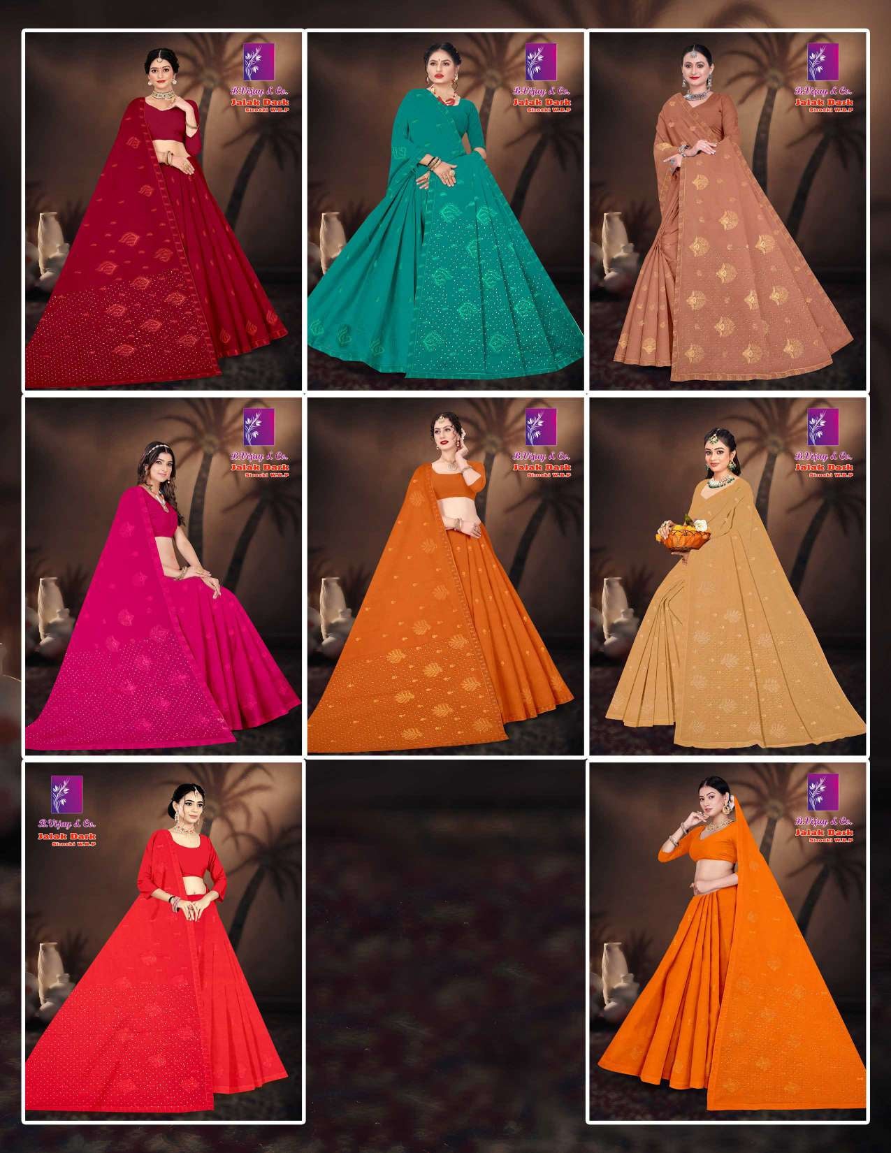 B. Vijay Jalak Dark Soraski Work Cotton Saree Set of 8 M.R. Saree Emporium