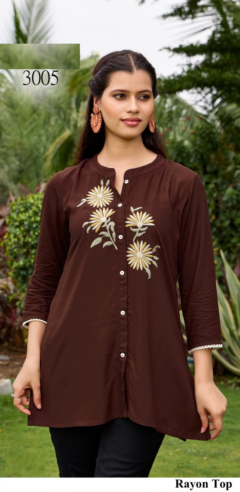 Rayon Slub Embroidered Tops – White & Coffee M.R. Saree Emporium