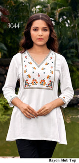 Rayon Slub Embroidered Tops – White & Coffee M.R. Saree Emporium