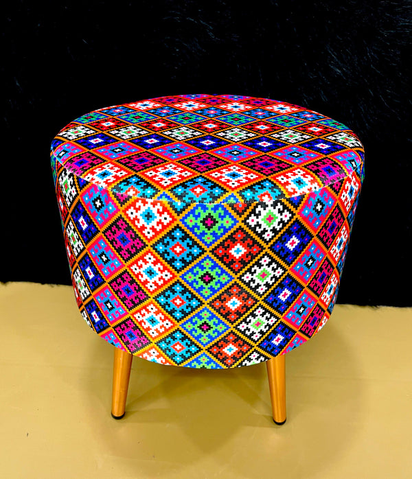 Multicolor Printed Round Mudha with Wooden Legs M.R. Saree Emporium