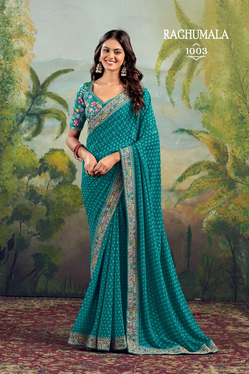 Raghumala 10 PCS Set – Heavy Georgette with Fancy Lace & Embroidered Blouse -M.R.Saree Emporium