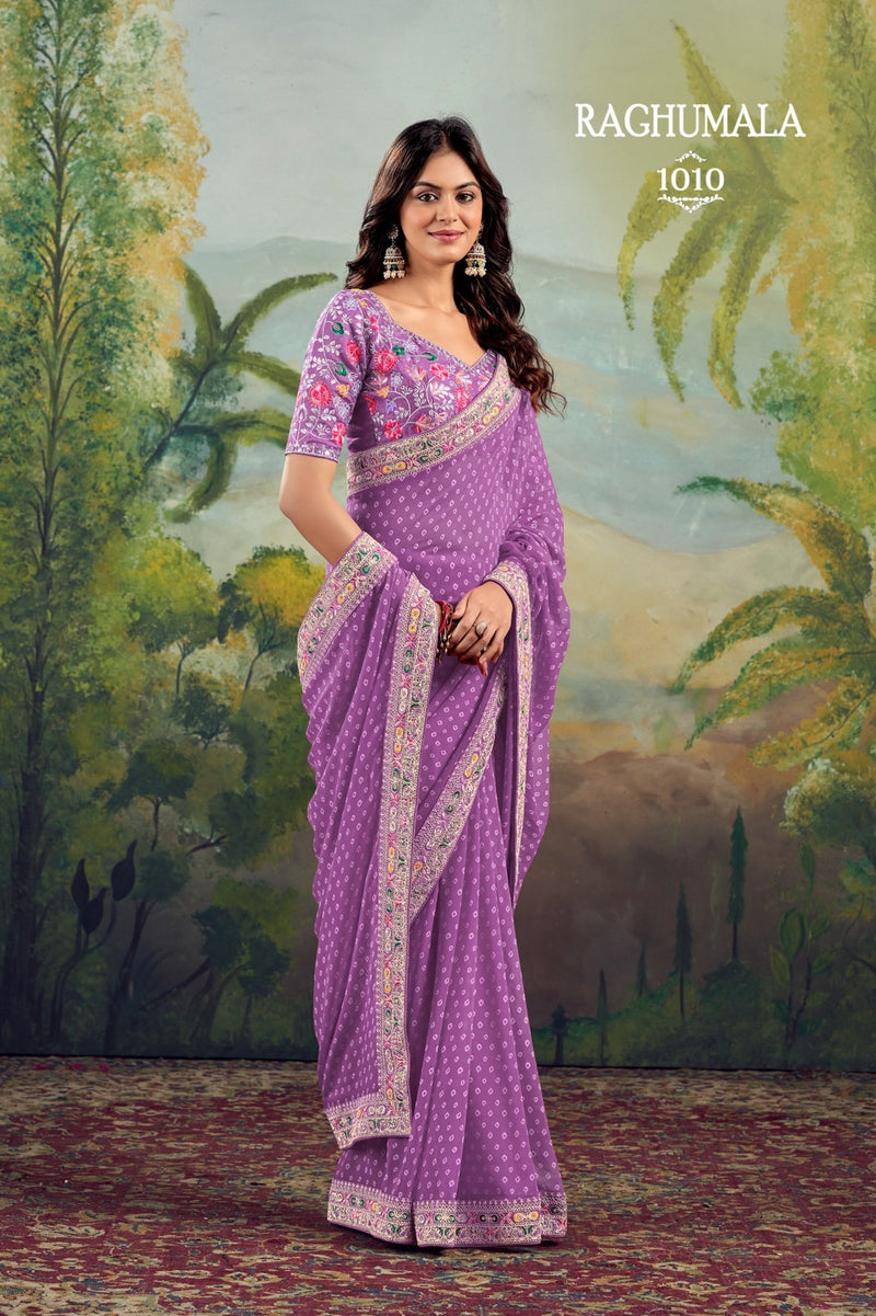 Raghumala 10 PCS Set – Heavy Georgette with Fancy Lace & Embroidered Blouse -M.R.Saree Emporium