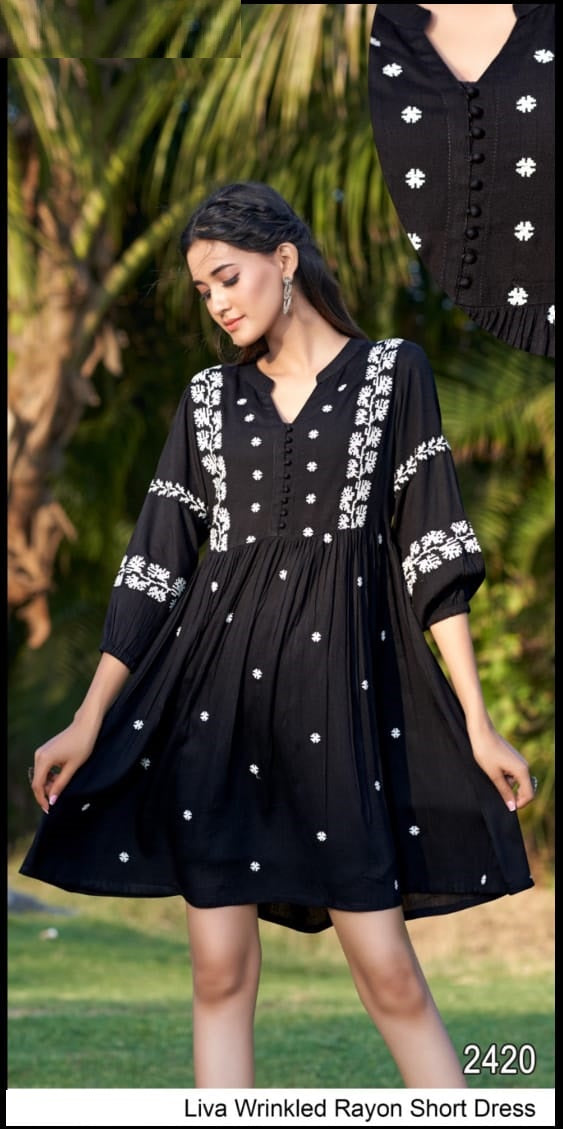 Trendy Black Wrinkled Rayon Embroidered Short Dress M.R. Saree Emporium