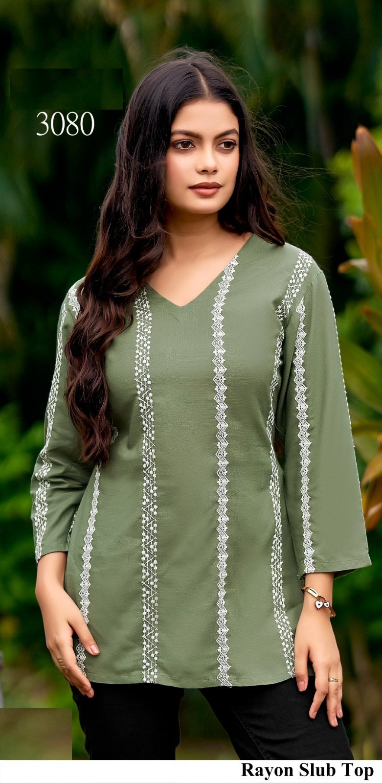 Trendy Rayon Slub Embroidered Top – Red, Mehndi & Blue M.R. Saree Emporium