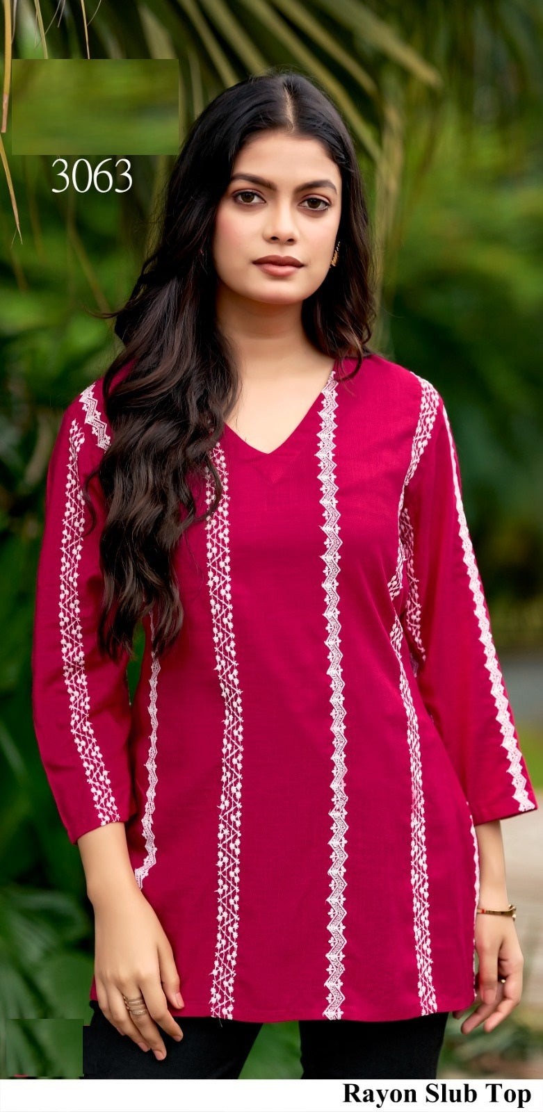 Trendy Rayon Slub Embroidered Top – Red, Mehndi & Blue M.R. Saree Emporium