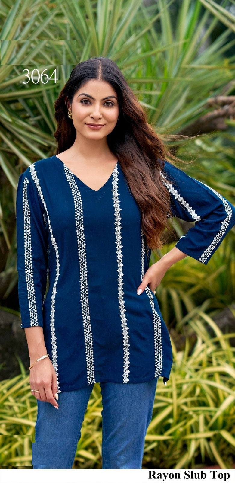 Trendy Rayon Slub Embroidered Top – Red, Mehndi & Blue M.R. Saree Emporium